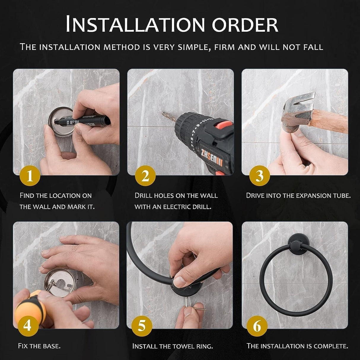 4PCS Bathroom Hardware Set 304 Stainless Steel Bathroom Accessories Set Including 2 Wall Mounted Stainless Steel Robe Hooks Toilet Paper Holder and Towel Ring (Black)