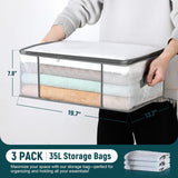 3-Pack Clothes Storage Bags, Plastic Foldable Blanket bins, Closet Organizer Container for Bedroom, Bedding, Comforters, Pillows, and Clothing - 35L with Handles