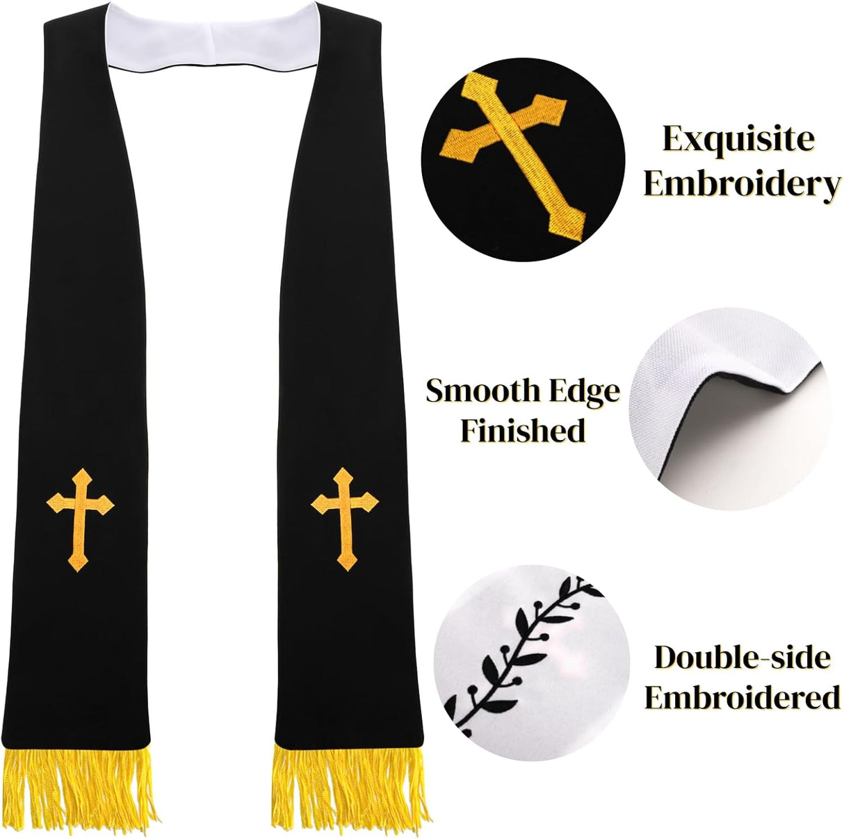 1 Pack Wedding Reversible Stole with Tassels, 75 Inch Clergy Mass Stoles Cross, White Embroidered Priest Sash Stole, Pastor Shawl for Officiant Robe Cassock