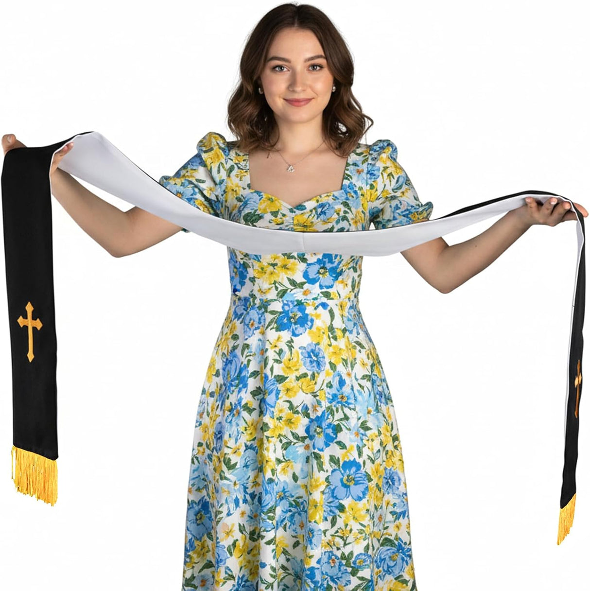 1 Pack Wedding Reversible Stole with Tassels, 75 Inch Clergy Mass Stoles Cross, White Embroidered Priest Sash Stole, Pastor Shawl for Officiant Robe Cassock