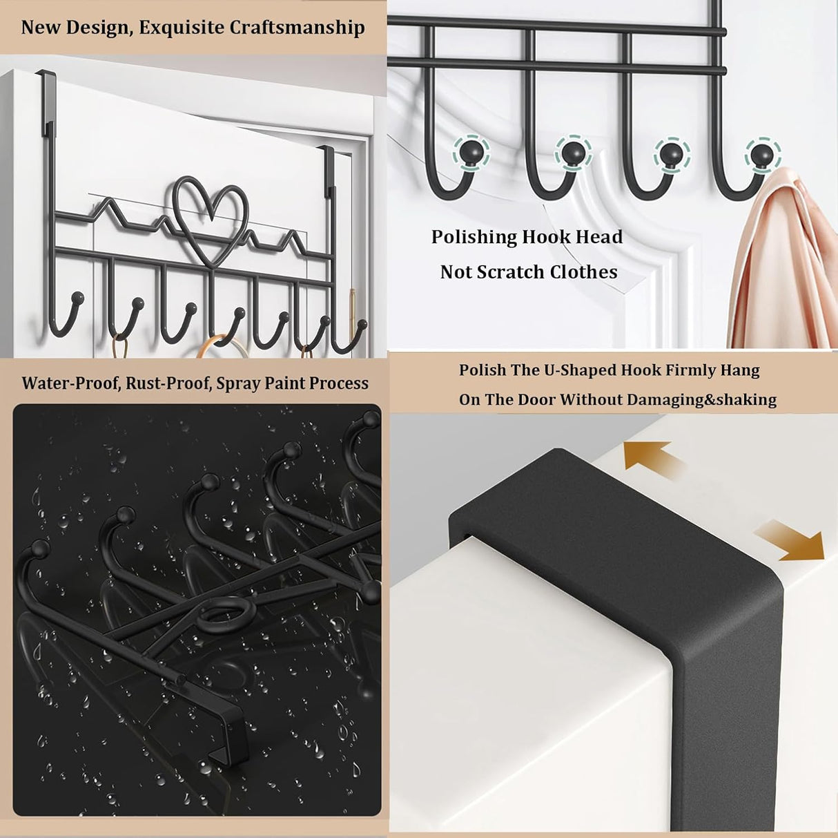 Overdoor Hooks - No-Drill Clothes and Hat Hangers - Door Hooks - Can hang jackets, towels, bags, bathrobes, etc. (2-pack - Black)