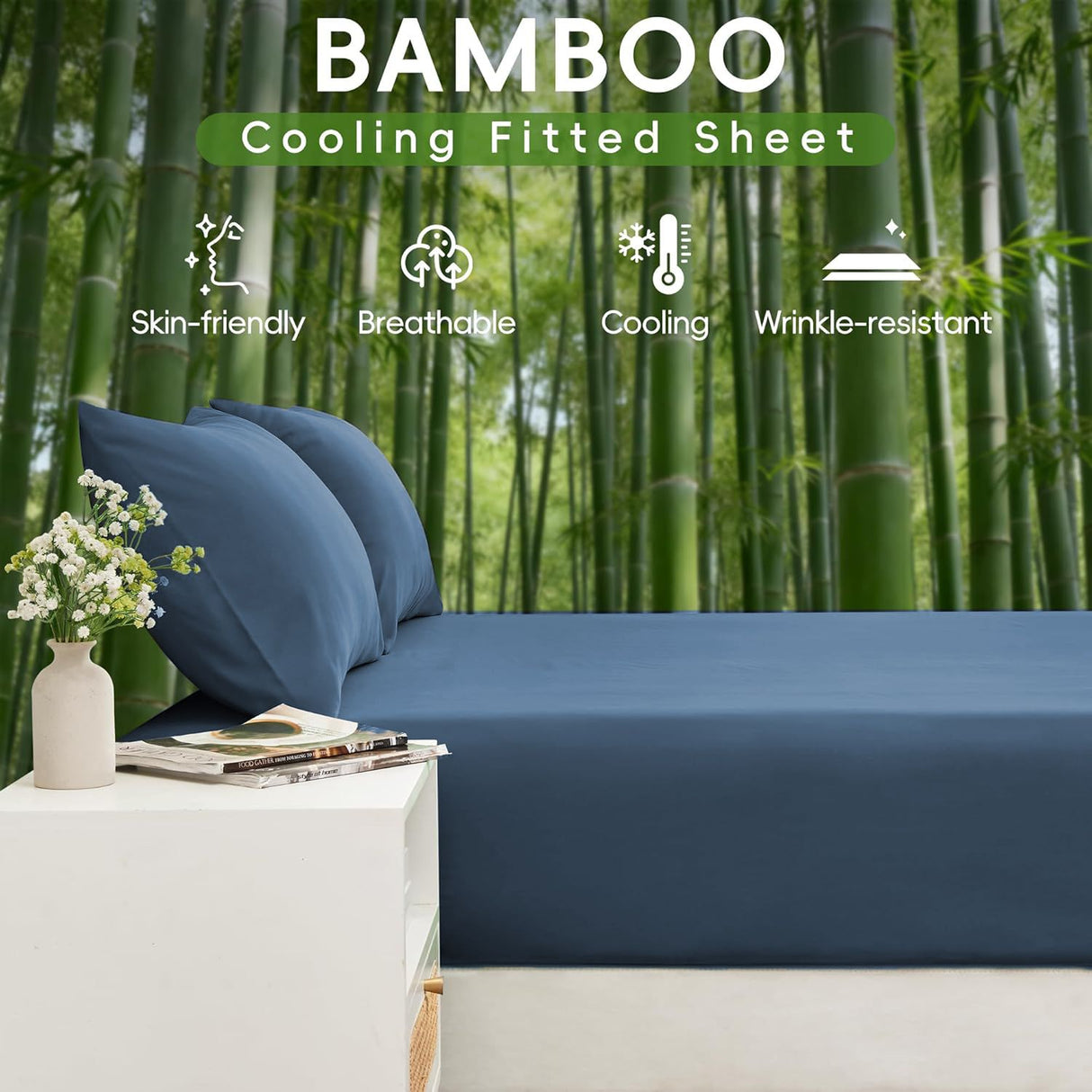 Hotel Breathable Bamboo Fitted Sheet & Pillowcase-3 Piece-Ultra Soft 2000TC Breathable Fitted Bed Sheets Set with 37 Centimetre Deep Pocket-Cooling Sheets for Hot Sleepers(Navy,Double)