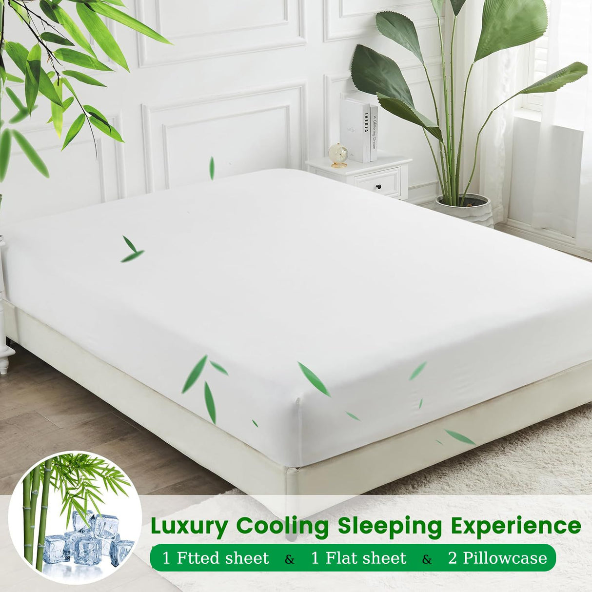 Hotel Breathable Bamboo Fitted Sheet & Pillowcase-3 Piece-Ultra Soft 2000TC Breathable Fitted Bed Sheets Set with 37 Centimetre Deep Pocket-Cooling Sheets for Hot Sleepers(White,Double)