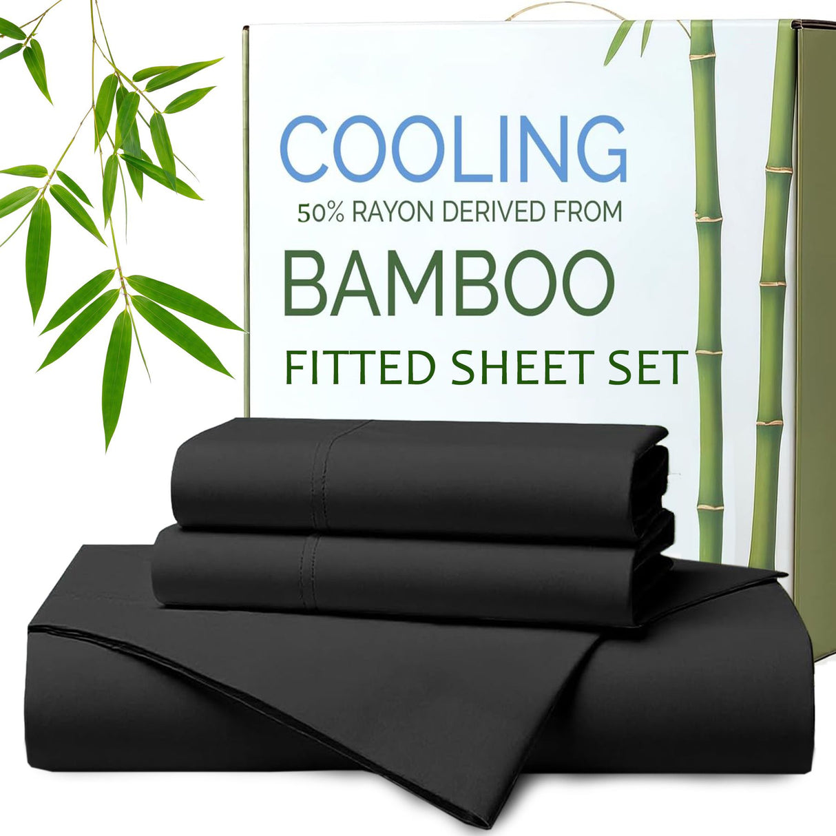 Hotel Breathable Bamboo Fitted Sheet & Pillowcase-2 Piece-Ultra Soft 2000TC Fitted Bed Sheets Set with 37 Centimetre Deep Pocket-Cooling Sheets for Hot Sleepers(Black,King Single)