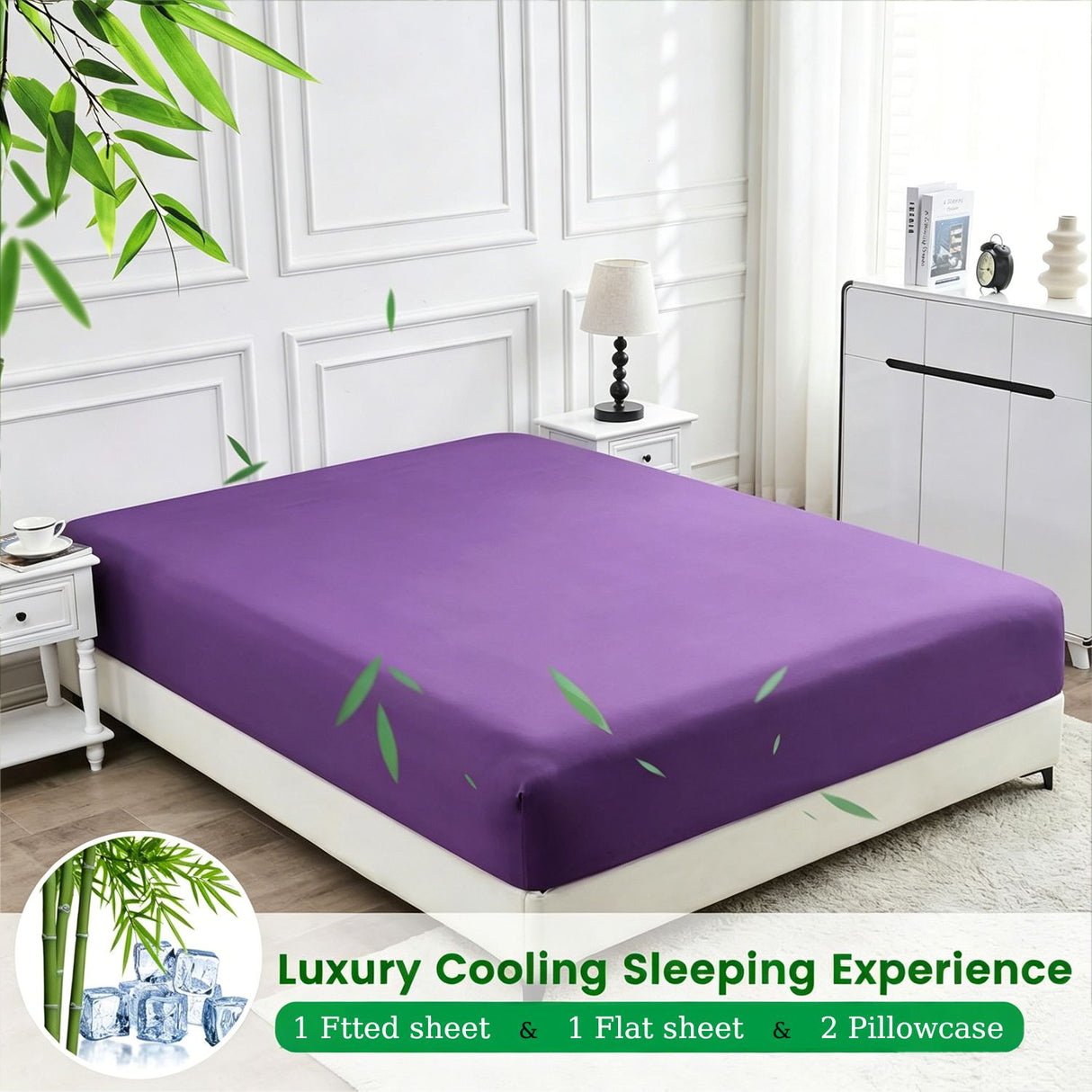 Hotel Breathable Bamboo Fitted Sheet & Pillowcase-2 Piece-Ultra Soft 2000TC Breathable Fitted Bed Sheets Set with 37 Centimetre Deep Pocket-Cooling Sheets for Hot Sleepers(Purple,King Single)