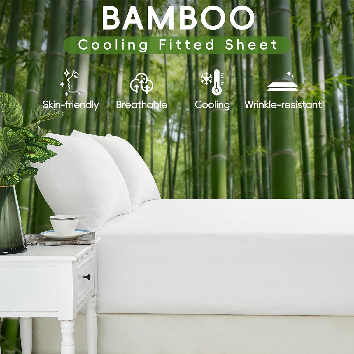 Hotel Breathable Bamboo Fitted Sheet & Pillowcase-2 Piece-Ultra Soft 2000TC Breathable Fitted Bed Sheets Set with 37 Centimetre Deep Pocket-Cooling Sheets for Hot Sleepers(White,King Single)