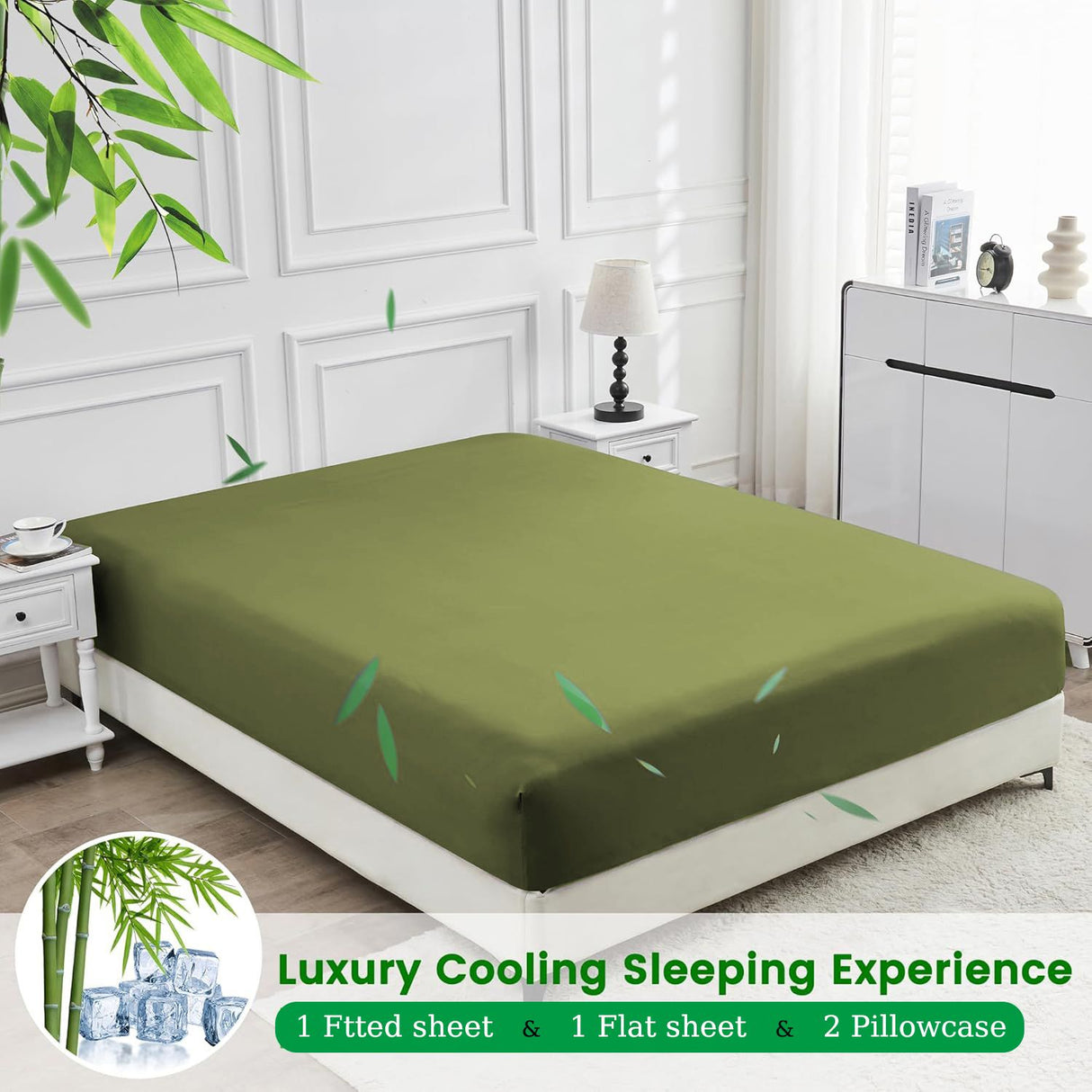 3 Piece Ultra Soft Bamboo Breathable Sheet Set -Hotel 2000TC Breathable Bed Sheets Set with 37 Centimetre Deep Pocket-Breathable Sheets for Hot Sleepers(Olive green,King Single)