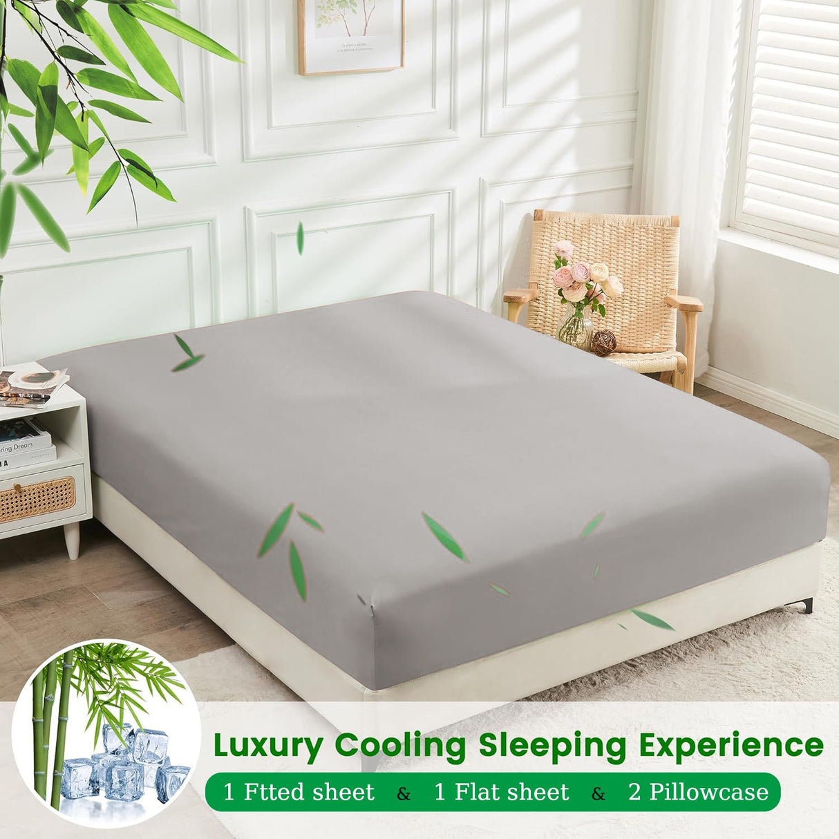 Hotel Breathable Bamboo Fitted Sheet & Pillowcase-3 Piece-Ultra Soft 2000TC Breathable Fitted Bed Sheets Set with 37 Centimetre Deep Pocket-Cooling Sheets for Hot Sleepers(Silver-gray,Queen)