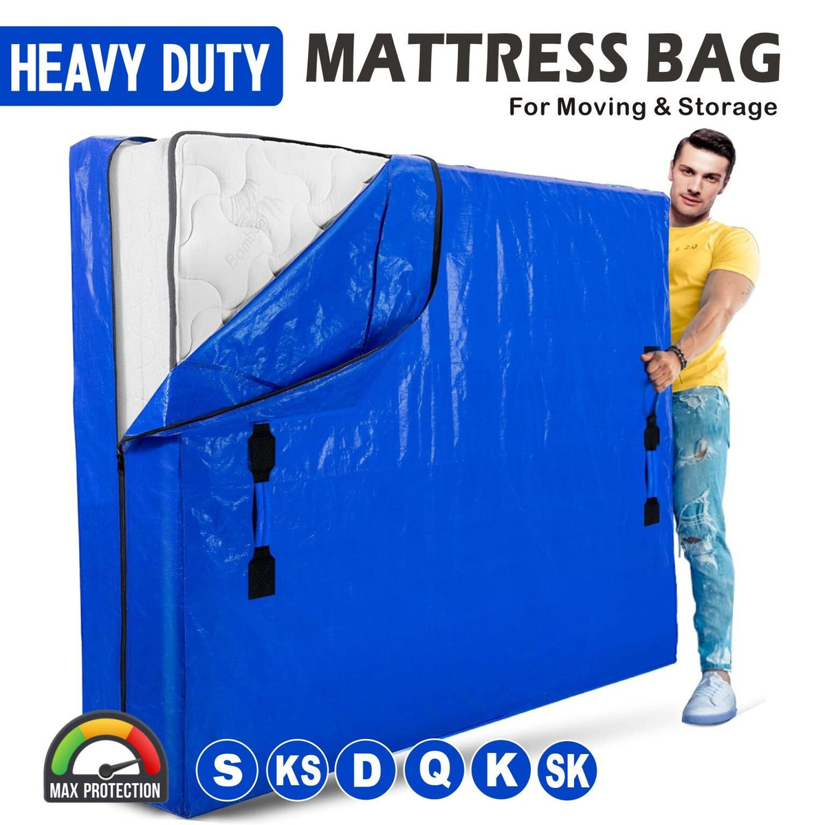 Mattress Bag Mattresses Protector Plastic Moving Storage Dust Cover Carry Bed Waterproof Zipper Packing Reusable Disposal, Extra Thick Heavy Duty, with Handles(Double)
