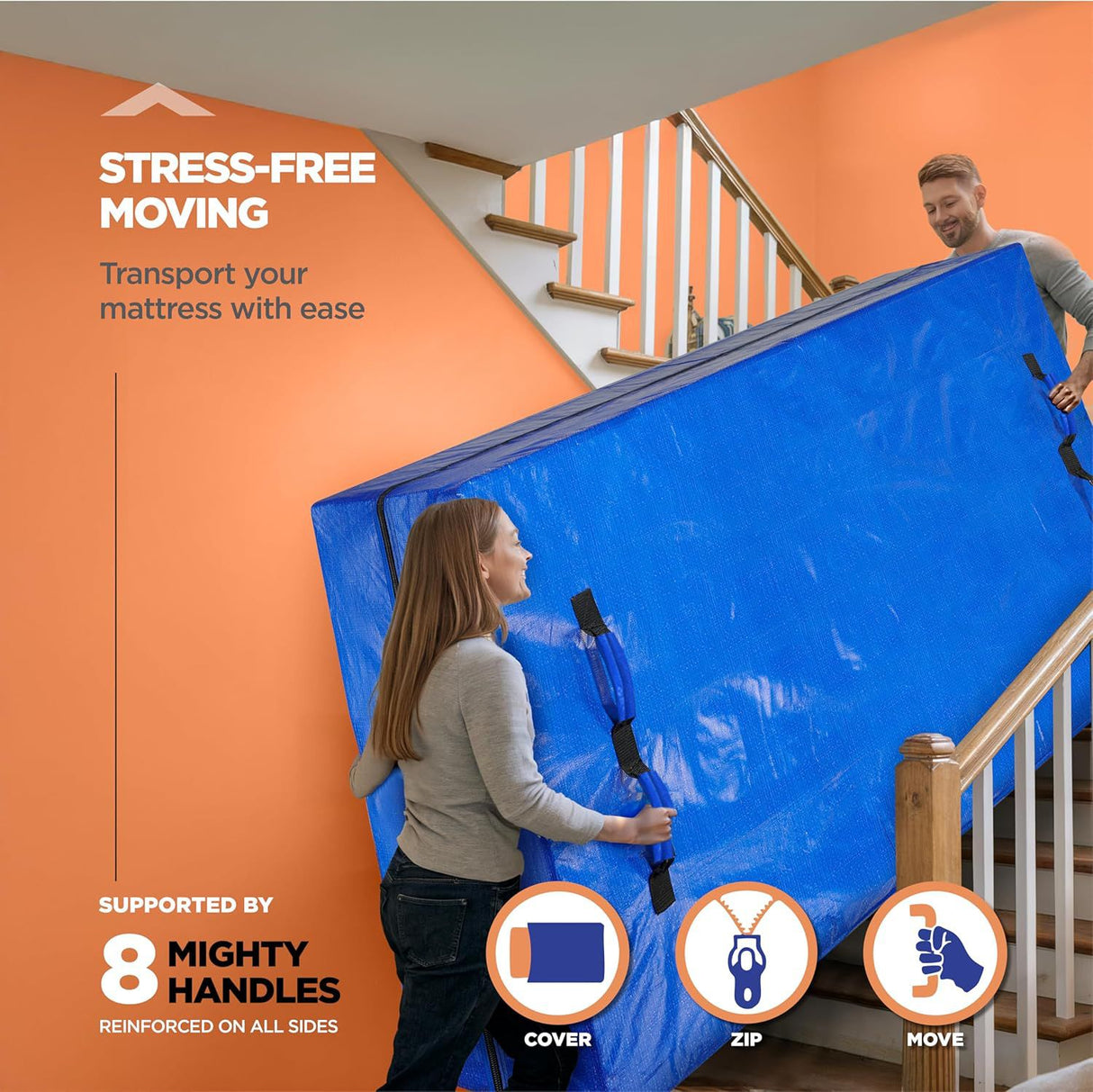 Waterproof Mattress Bag Mattresses Protector Plastic Moving Storage Dust Cover Carry Bed Zipper Packing Reusable Disposal, Extra Thick Heavy Duty, with 8 Handles(Double)
