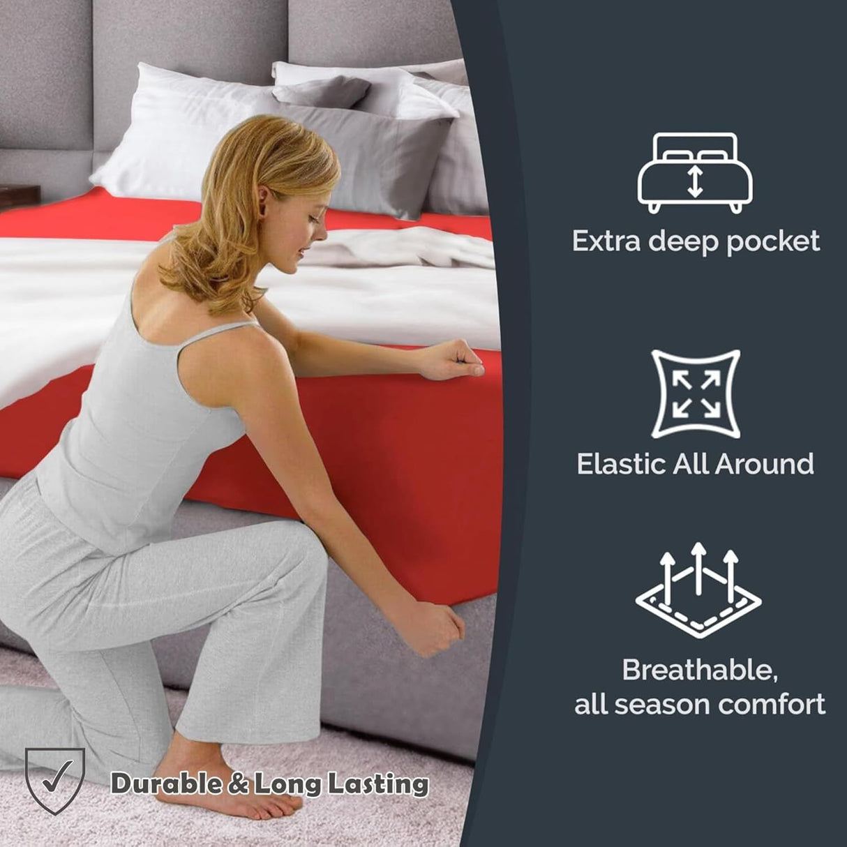 Hotel Quality Fitted Sheet - 1 Piece Fitted Sheet  -Breathable Bedding - Wrinkle, Fade, Stain Resistant- 16inch/40cm Deep Pocket Fitted Bed Sheet-Wrinkle and Fade Resistant,(Red,Super King)