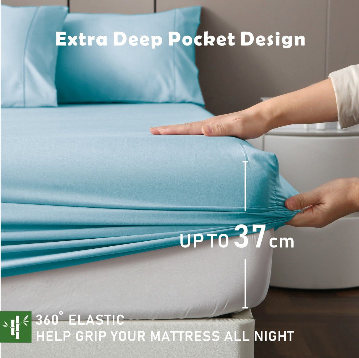 3 Piece Hotel Bamboo Cooling Fitted Sheet Set & Pillowcase -Ultra Soft 2000TC Breathable Fitted Bed Sheets Set with 37 Centimetre Deep Pocket-Cooling Sheets for Hot Sleepers(Sky Blue,Double)