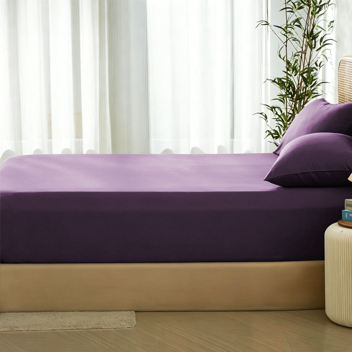 3 Piece Hotel Bamboo Cooling Fitted Sheet Set & Pillowcase -Ultra Soft 2000TC Breathable Fitted Bed Sheets Set with 37 Centimetre Deep Pocket-Cooling Sheets for Hot Sleepers(Purple,Double)