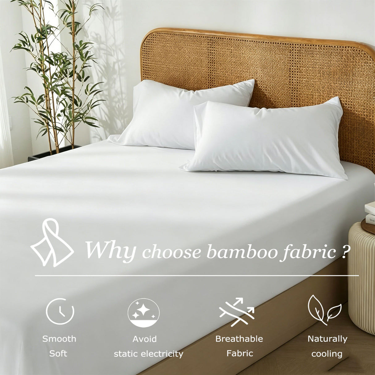 3 Piece Hotel Bamboo Cooling Fitted Sheet Set & Pillowcase -Ultra Soft 2000TC Breathable Fitted Bed Sheets Set with 37 Centimetre Deep Pocket-Cooling Sheets for Hot Sleepers(White,Queen)