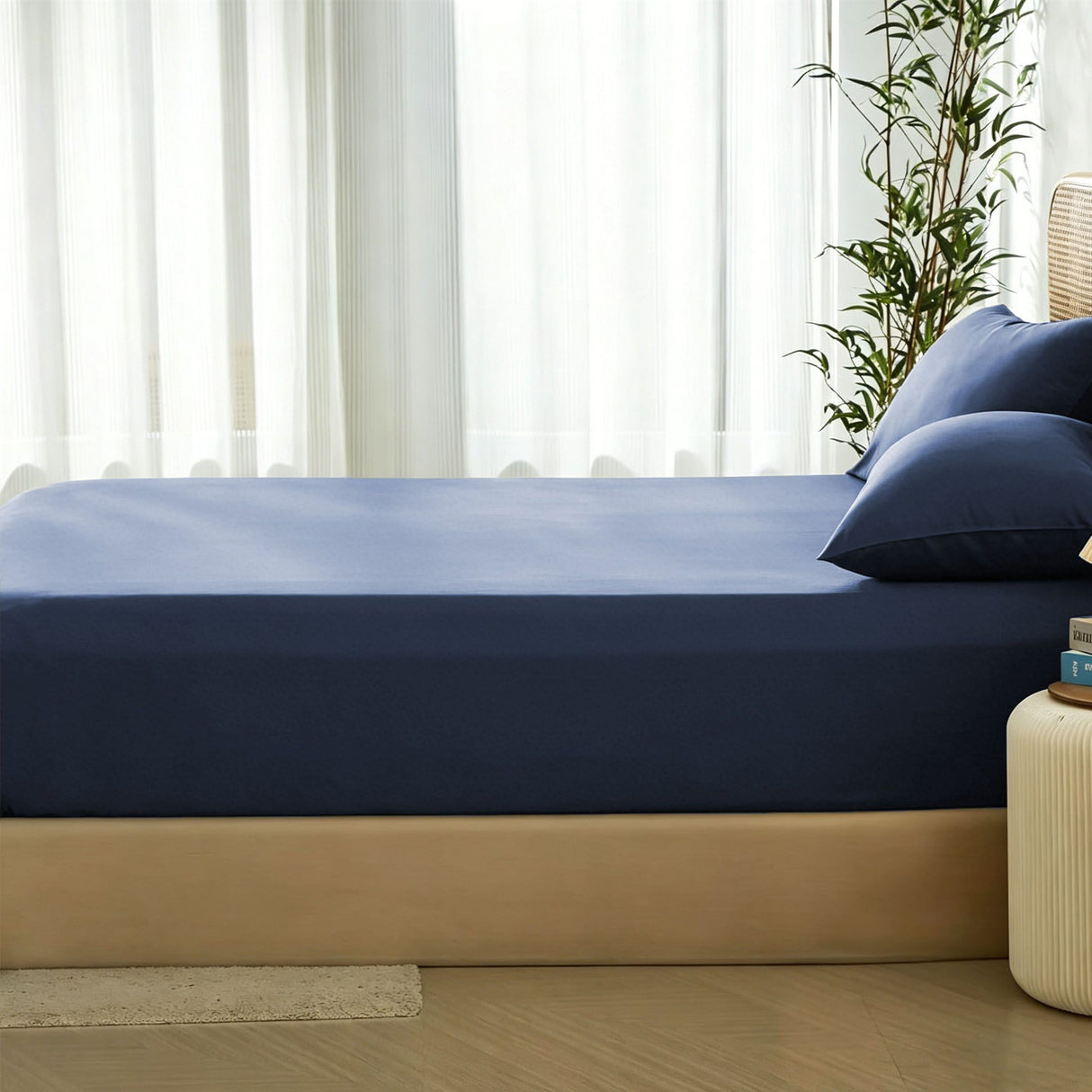 3 Piece Hotel Bamboo Cooling Fitted Sheet Set & Pillowcase -Ultra Soft 2000TC Breathable Fitted Bed Sheets Set with 37 Centimetre Deep Pocket-Cooling Sheets for Hot Sleepers(Navy,Queen)