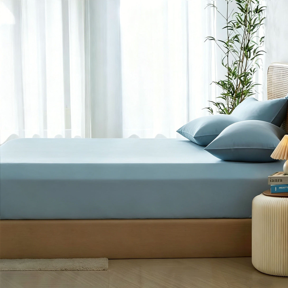 3 Piece Hotel Bamboo Cooling Fitted Sheet Set & Pillowcase -Ultra Soft 2000TC Breathable Fitted Bed Sheets Set with 37 Centimetre Deep Pocket-Cooling Sheets for Hot Sleepers(Sky Blue,Super King)