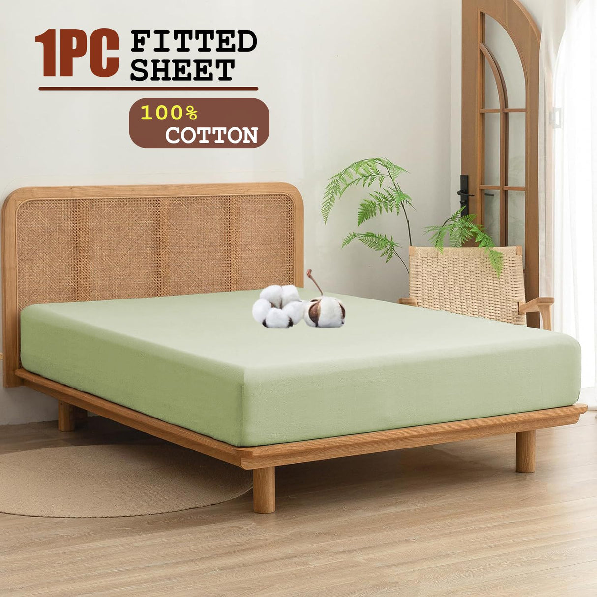 100% Cotton Fitted Sheet - Super Soft 40cm Deep Pocket Bottom Sheets - White Elastic Sheet（King Single,Green beans)
