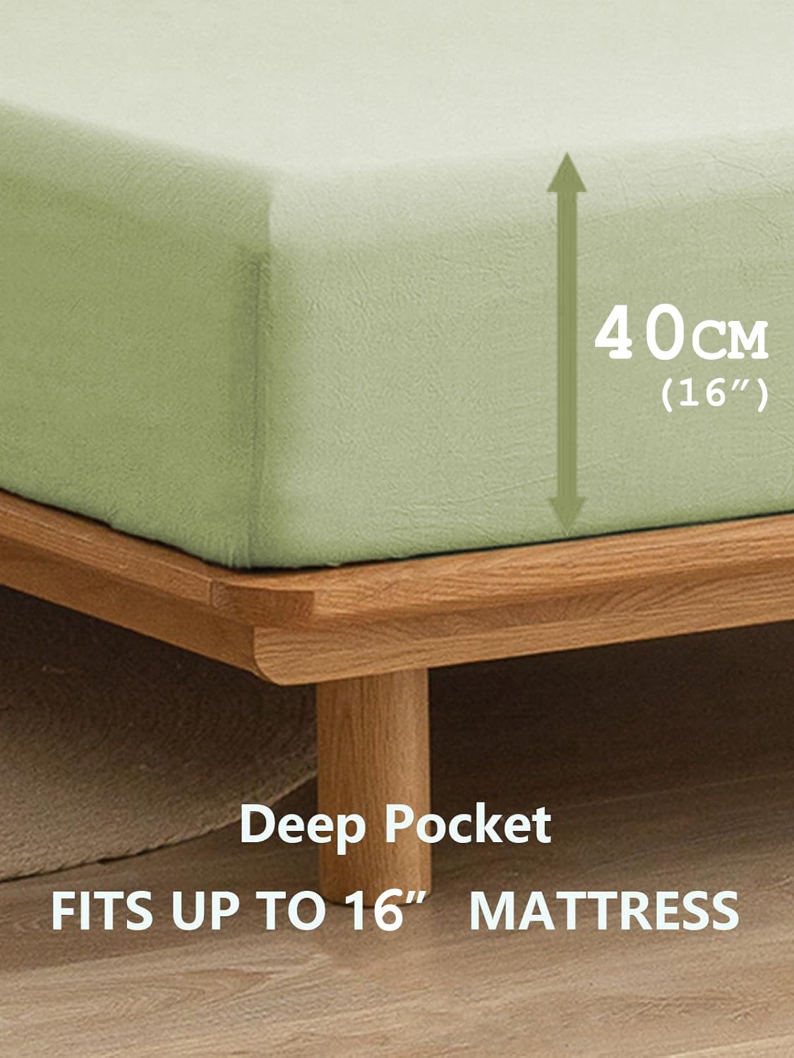 100% Cotton Fitted Sheet - Super Soft 40cm Deep Pocket Bottom Sheets - White Elastic Sheet（King Single,Green beans)