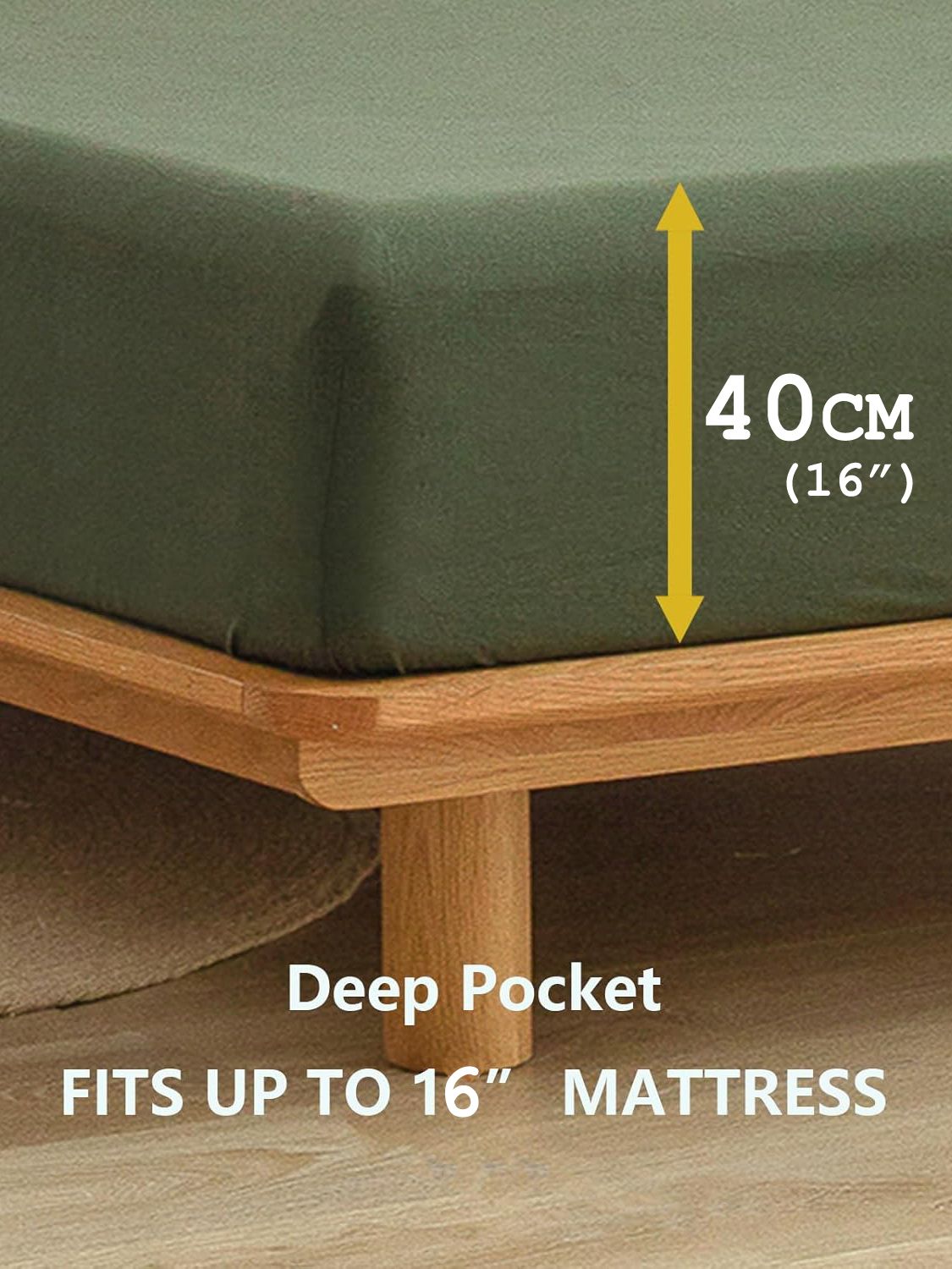 100% Cotton Fitted Sheet - Super Soft 40cm Deep Pocket Bottom Sheets - White Elastic Sheet（Single,Olive green)