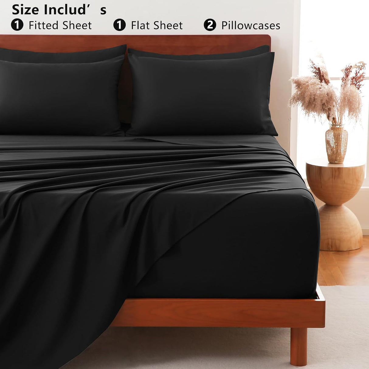 Hotel Soft Bed Sheet Set- Bedding Sheets & Pillowcases -Breathable Bedding - Wrinkle, Fade, Stain Resistant-Deep Pocket Flat Fitted Bed Sheet Set(Black,Double)