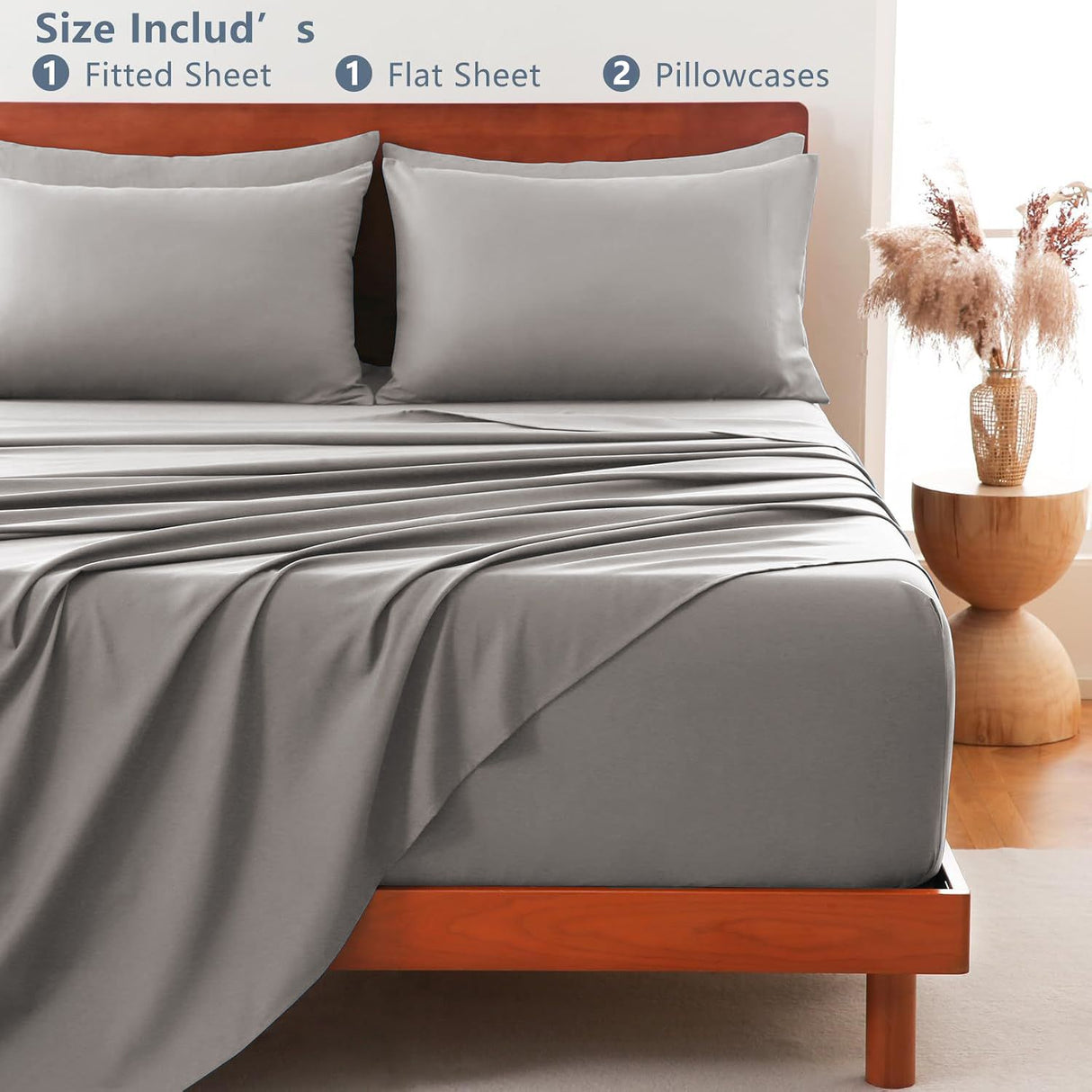 Hotel Soft Bed Sheet Set- Bedding Sheets & Pillowcases -Breathable Bedding - Wrinkle, Fade, Stain Resistant-Deep Pocket Flat Fitted Bed Sheet Set(Grey,Double)