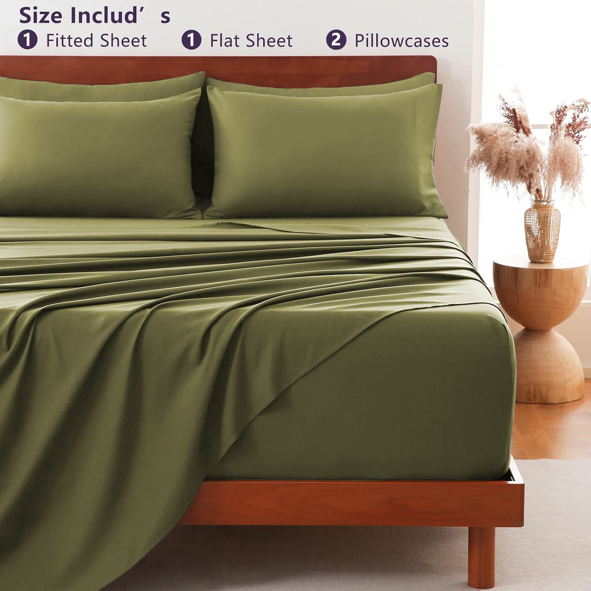 Hotel Soft Bed Sheet Set- Bedding Sheets & Pillowcases -Breathable Bedding - Wrinkle, Fade, Stain Resistant-Deep Pocket Flat Fitted Bed Sheet Set(Olive green,Double)