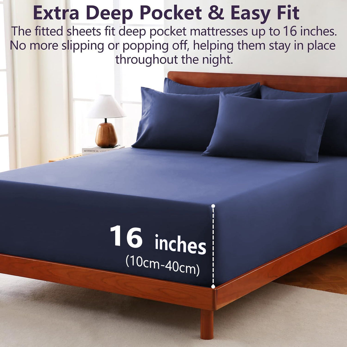 Hotel Soft Bed Sheet Set- Bedding Sheets & Pillowcases -Breathable Bedding - Wrinkle, Fade, Stain Resistant-Deep Pocket Flat Fitted Bed Sheet Set(Navy,Double)