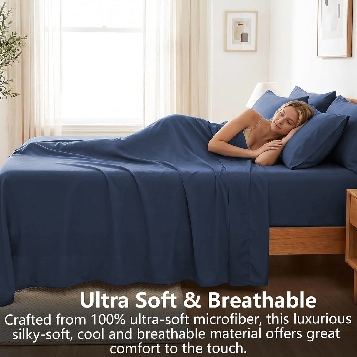 Hotel Soft Bed Sheet Set- Bedding Sheets & Pillowcases -Breathable Bedding - Wrinkle, Fade, Stain Resistant-Deep Pocket Flat Fitted Bed Sheet Set(Navy,Double)