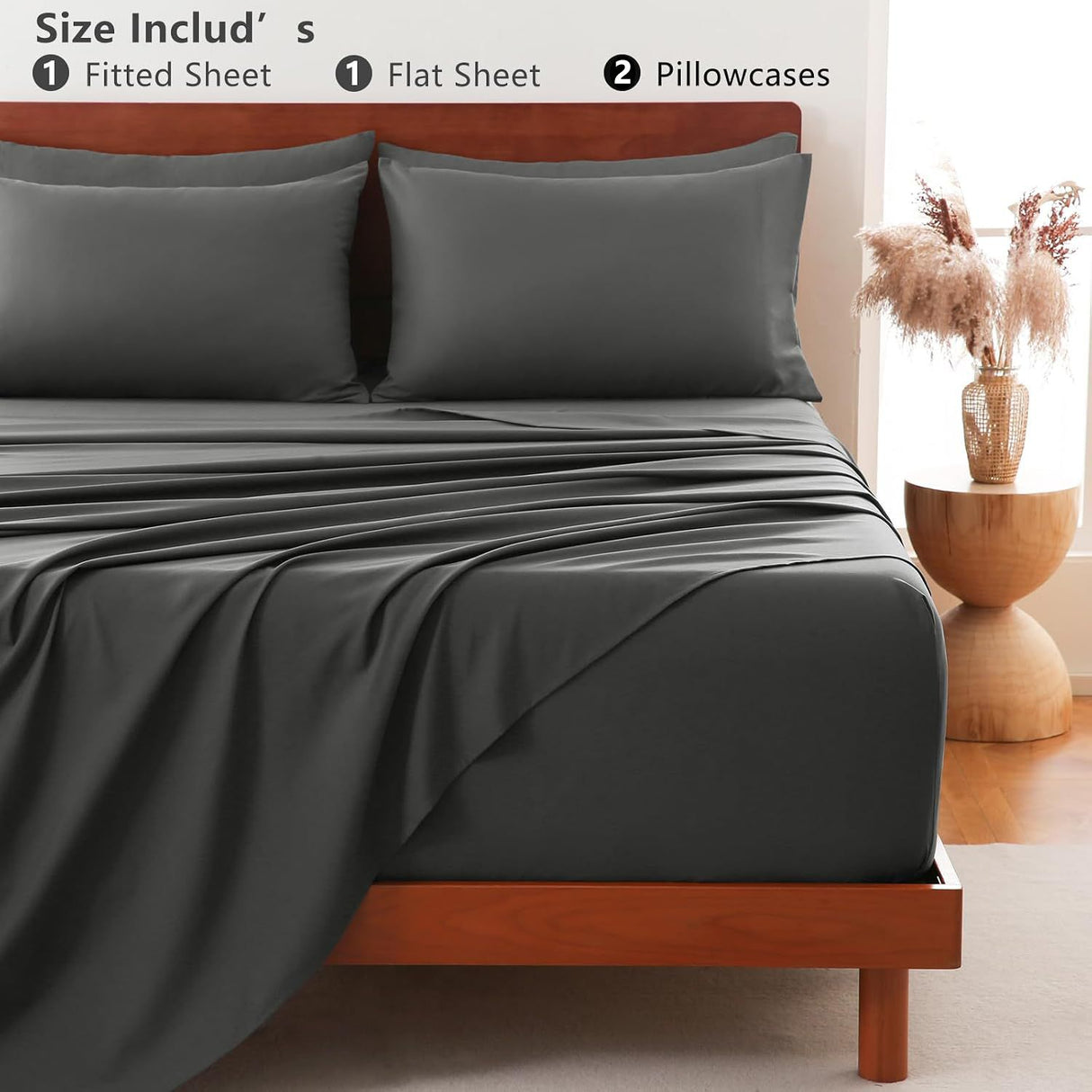 Hotel Soft Bed Sheet Set- Bedding Sheets & Pillowcases -Breathable Bedding - Wrinkle, Fade, Stain Resistant-Deep Pocket Flat Fitted Bed Sheet Set(Dark gray,Double)