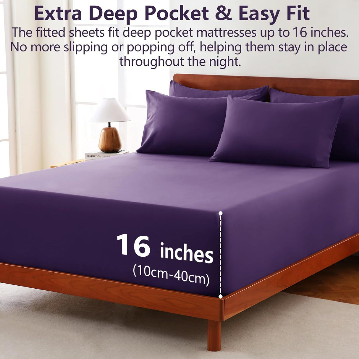 Hotel Soft Bed Sheet Set- Bedding Sheets & Pillowcases -Breathable Bedding - Wrinkle, Fade, Stain Resistant-Deep Pocket Flat Fitted Bed Sheet Set(Purple,Double)