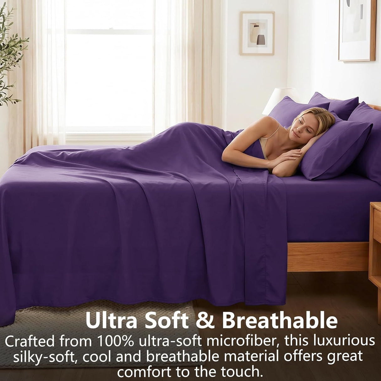Hotel Soft Bed Sheet Set- Bedding Sheets & Pillowcases -Breathable Bedding - Wrinkle, Fade, Stain Resistant-Deep Pocket Flat Fitted Bed Sheet Set(Purple,Double)