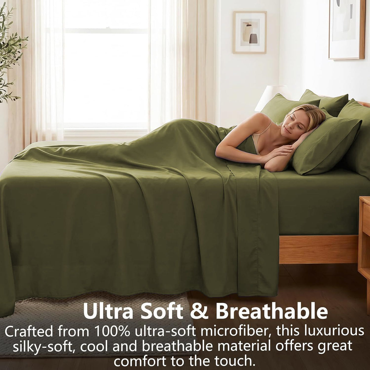 Hotel Soft Bed Sheet Set- Bedding Sheets & Pillowcases -Breathable Bedding - Wrinkle, Fade, Stain Resistant-Deep Pocket Flat Fitted Bed Sheet Set(Olive green,Queen)