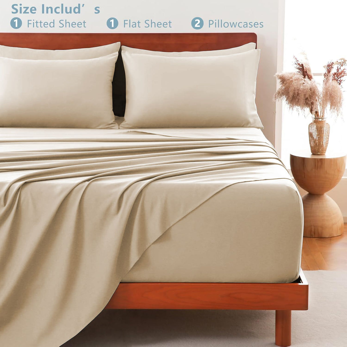 Hotel Soft Bed Sheet Set- Bedding Sheets & Pillowcases -Breathable Bedding - Wrinkle, Fade, Stain Resistant-Deep Pocket Flat Fitted Bed Sheet Set(Camel Beige,Queen)