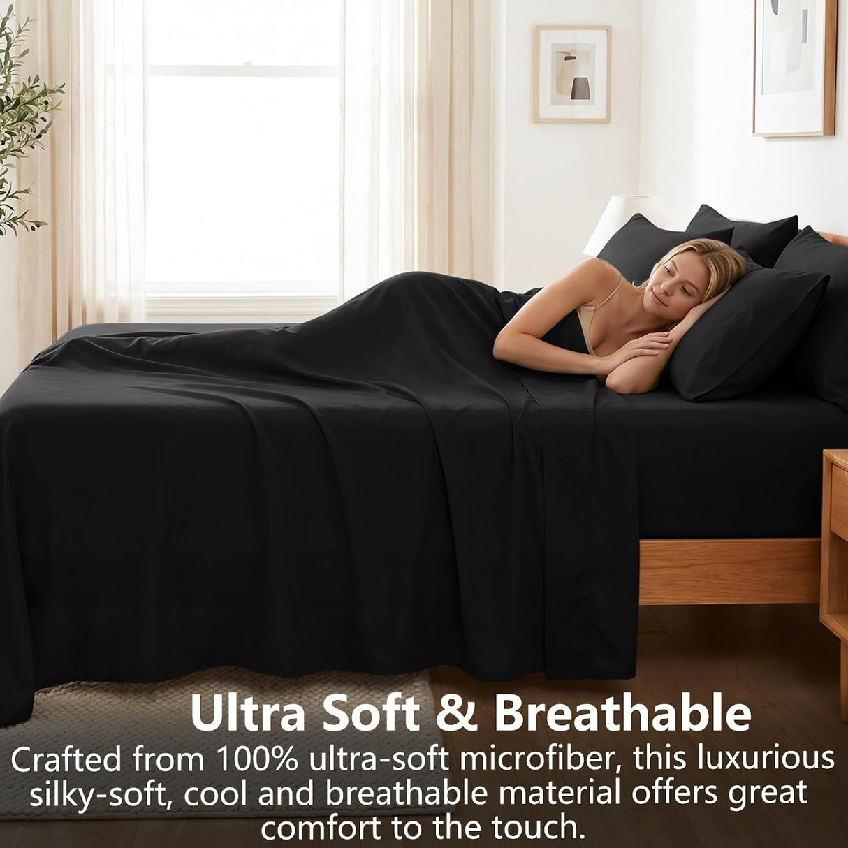 Hotel Soft Bed Sheet Set- Bedding Sheets & Pillowcases -Breathable Bedding - Wrinkle, Fade, Stain Resistant-Deep Pocket Flat Fitted Bed Sheet Set(Black,Single)