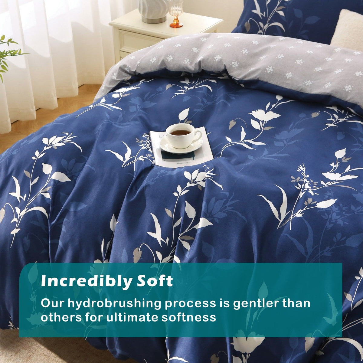 3 Piece Hotel Soft Microfiber Quilt Cover Set-2000TC Duvet/Donna Cover Set & Pillowcases -1 Quilt Cover Zipper Closure & 1 x Pillowcases-Breathable Bedding - Wrinkle, Fade, Stain Resistant(Navy Floral,Double)