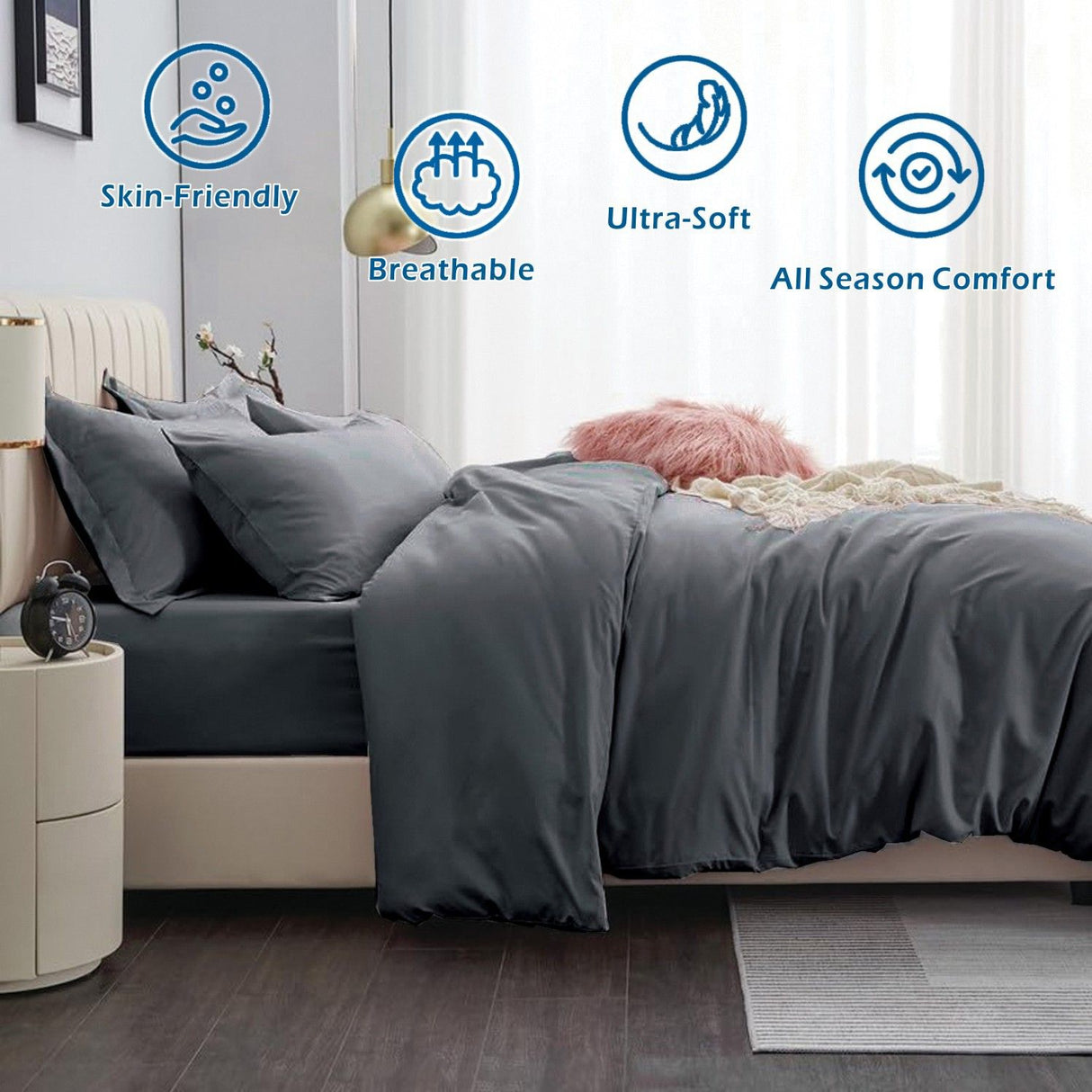 3 Piece Hotel Soft Microfiber Quilt Cover Set-2000TC Duvet/Donna Cover Set & Pillowcases -1 Quilt Cover Zipper Closure & 1 x Pillowcases-Breathable Bedding - Wrinkle, Fade, Stain Resistant(Dark gray,Double)