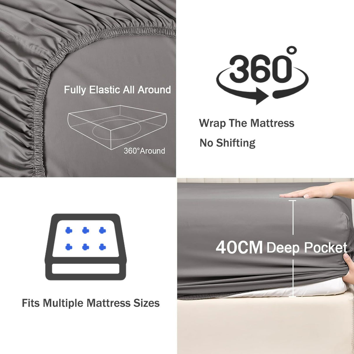 3 Piece Fitted Sheet Set- Fitted Sheet & Pillowcases -Breathable Bedding - Wrinkle, Fade, Stain Resistant- 40cm Deep Pocket Fitted Bed Sheet Set(Grey,Double)