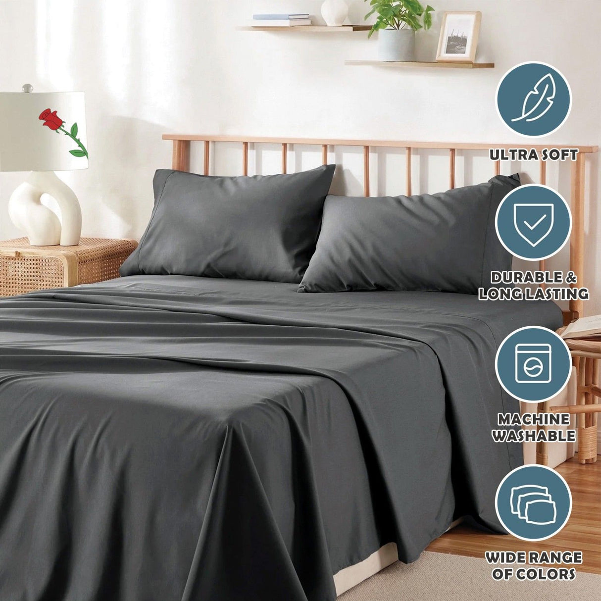 4 Piece Bed Sheet Set- Bedding Sheets & Pillowcases -Breathable Bedding - Wrinkle, Fade, Stain Resistant-Deep Pocket Flat Fitted Bed Sheet Set(Dark gray,Double)
