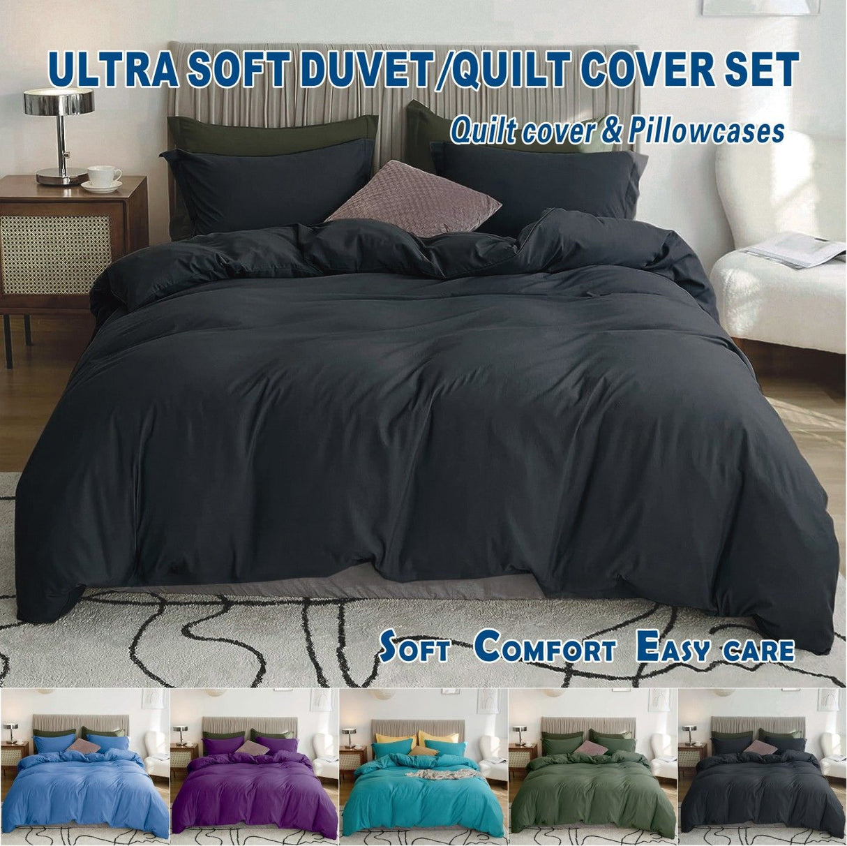 3 Piece Hotel Soft Microfiber Quilt Cover Set-2000TC Duvet/Donna Cover Set & Pillowcases -1 Quilt Cover Zipper Closure & 1 x Pillowcases-Breathable Bedding - Wrinkle, Fade, Stain Resistant(Black,King)