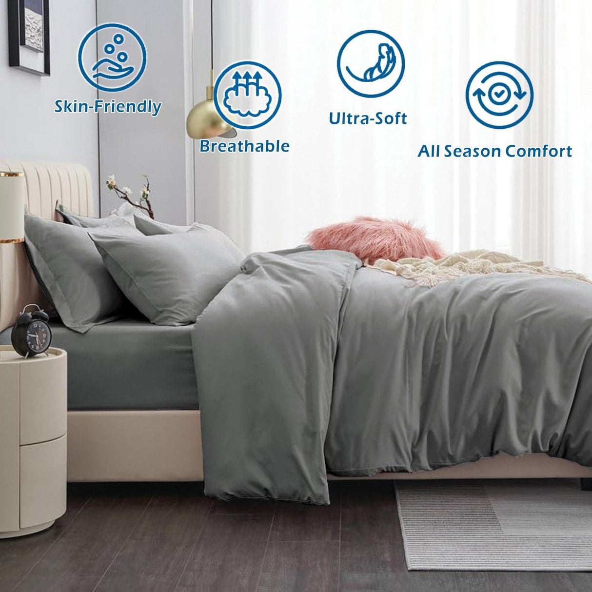 3 Piece Hotel Soft Microfiber Quilt Cover Set-2000TC Duvet/Donna Cover Set & Pillowcases -1 Quilt Cover Zipper Closure & 1 x Pillowcases-Breathable Bedding - Wrinkle, Fade, Stain Resistant(Grey,King)