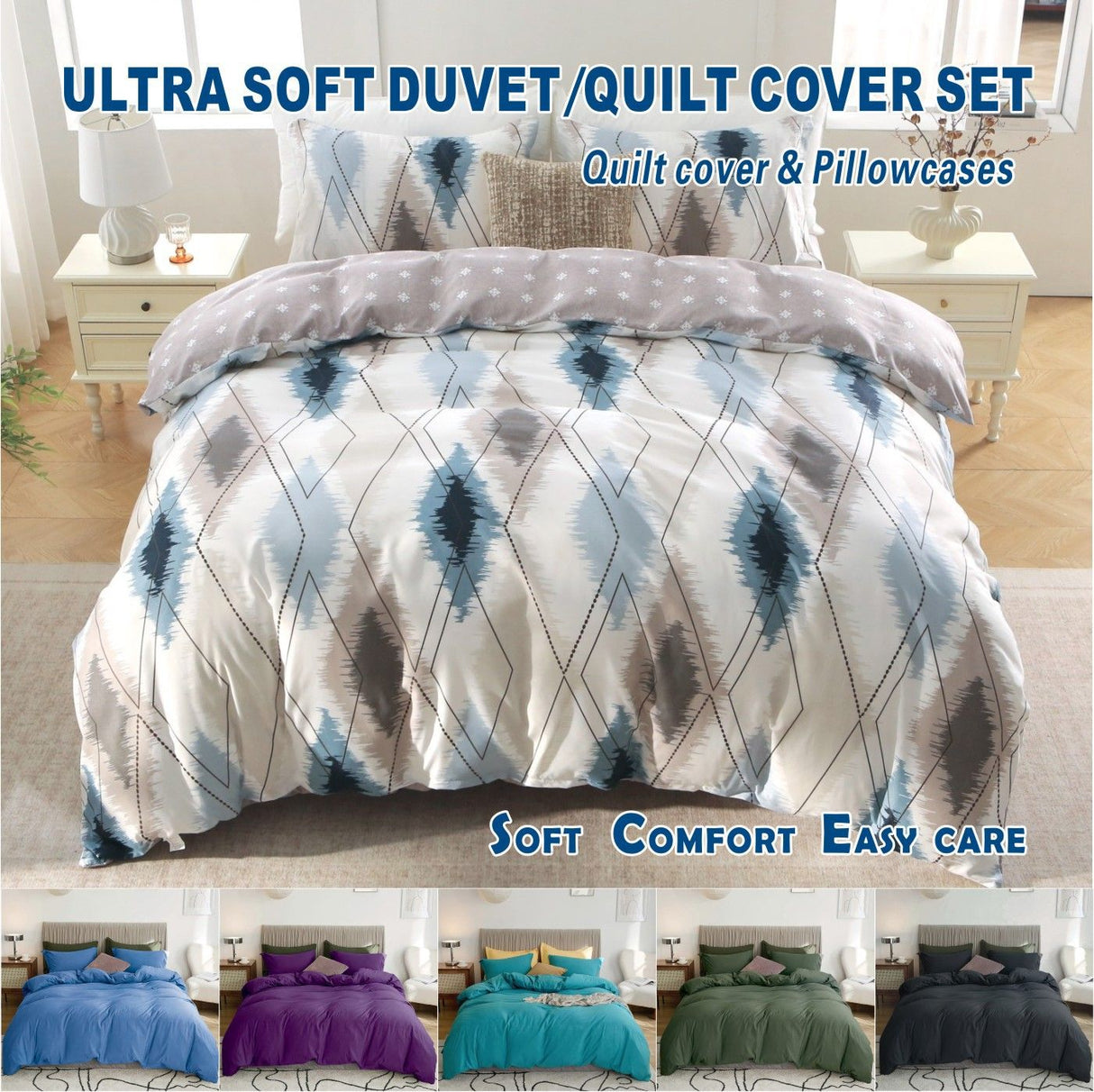 3 Piece Hotel Soft Microfiber Quilt Cover Set-2000TC Duvet/Donna Cover Set & Pillowcases -1 Quilt Cover Zipper Closure & 1 x Pillowcases-Breathable Bedding - Wrinkle, Fade, Stain Resistant(Modern Geometric,King)
