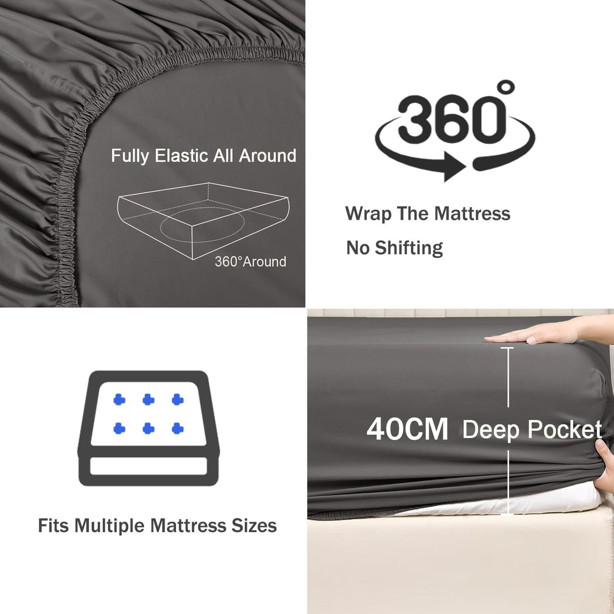 3 Piece Fitted Sheet Set- Fitted Sheet & Pillowcases -Breathable Bedding - Wrinkle, Fade, Stain Resistant- 40cm Deep Pocket Fitted Bed Sheet Set(Dark gray,King)