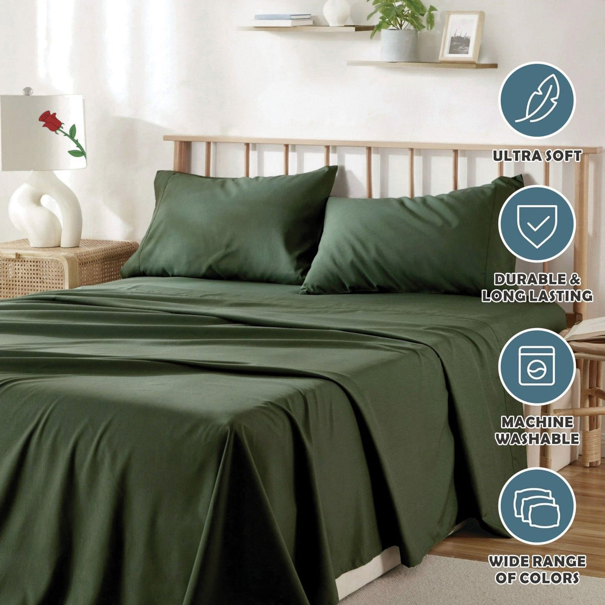 4 Piece Bed Sheet Set- Bedding Sheets & Pillowcases -Breathable Bedding - Wrinkle, Fade, Stain Resistant-Deep Pocket Flat Fitted Bed Sheet Set(Olive green,King)