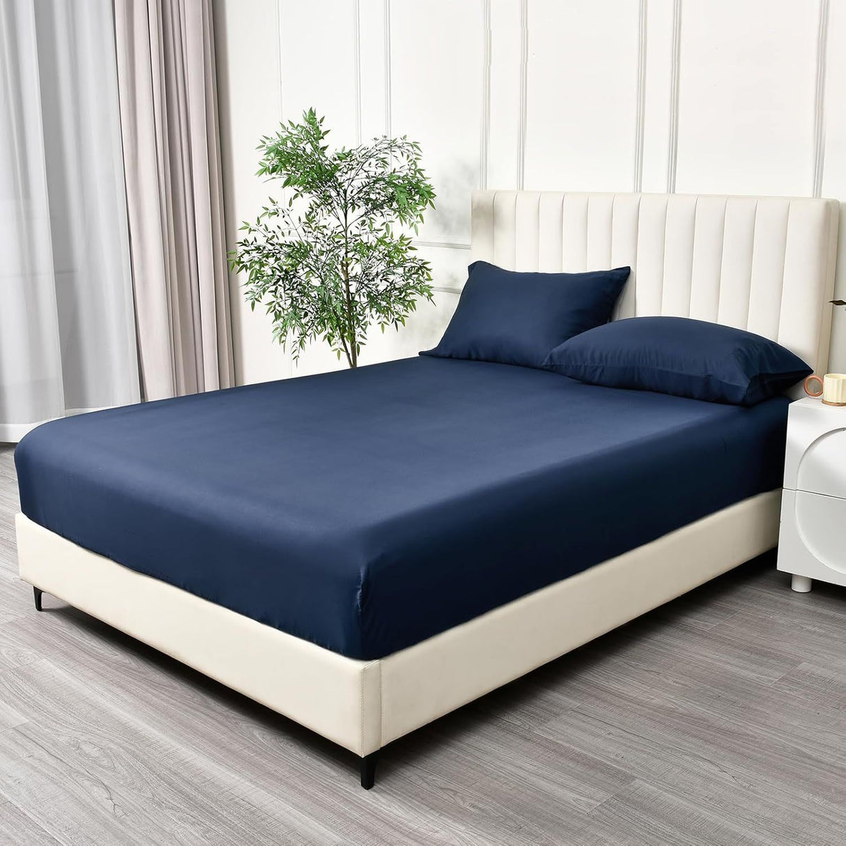 2 Piece Fitted Sheet Set- Fitted Sheet & Pillowcases -Breathable Bedding - Wrinkle, Fade, Stain Resistant- 40cm Deep Pocket Fitted Bed Sheet Set(Navy,King Single)