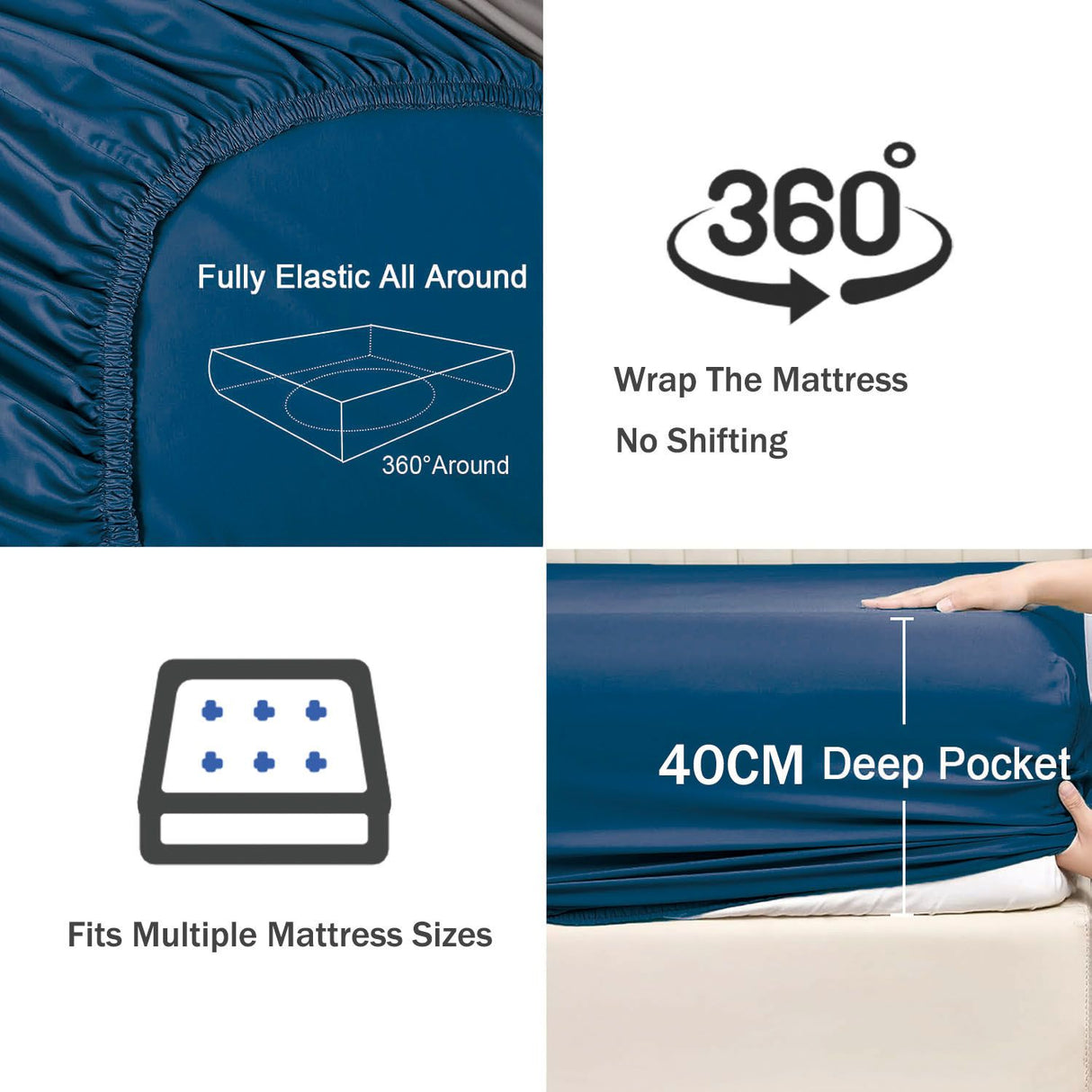 2 Piece Fitted Sheet Set- Fitted Sheet & Pillowcases -Breathable Bedding - Wrinkle, Fade, Stain Resistant- 40cm Deep Pocket Fitted Bed Sheet Set(Navy,King Single)