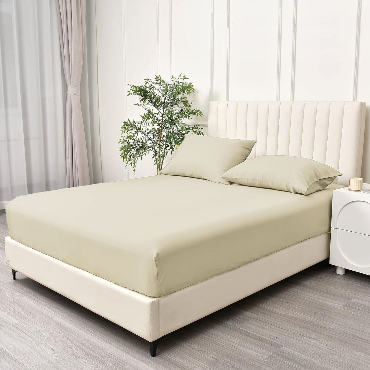 2 Piece Fitted Sheet Set- Fitted Sheet & Pillowcases -Breathable Bedding - Wrinkle, Fade, Stain Resistant- 40cm Deep Pocket Fitted Bed Sheet Set(Cream White,King Single)