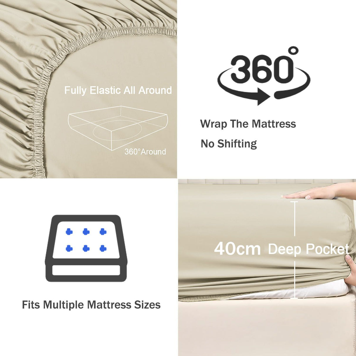 2 Piece Fitted Sheet Set- Fitted Sheet & Pillowcases -Breathable Bedding - Wrinkle, Fade, Stain Resistant- 40cm Deep Pocket Fitted Bed Sheet Set(Cream White,King Single)