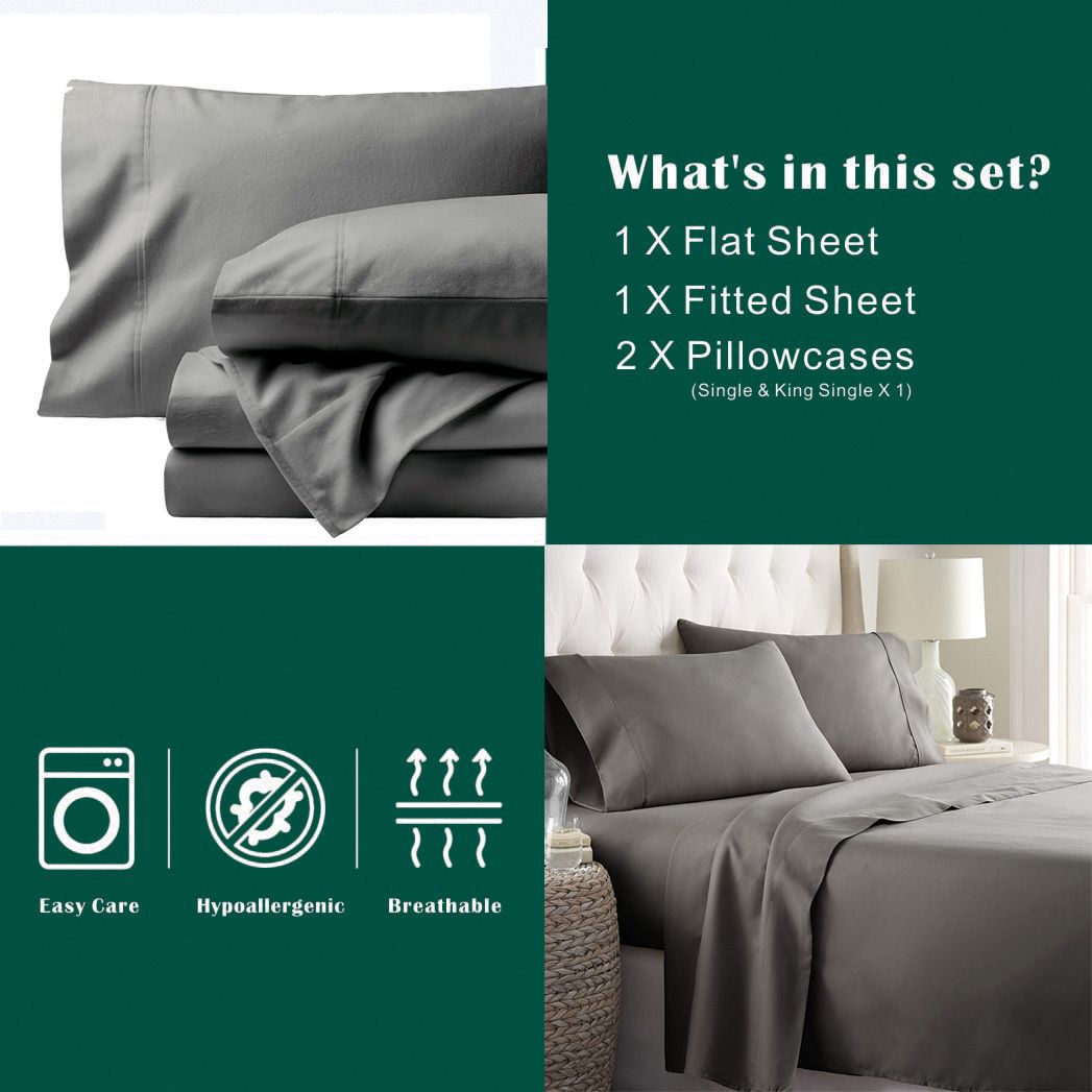 3 Piece Bed Sheet Set- Bedding Sheets & Pillowcases -Breathable Bedding - Wrinkle, Fade, Stain Resistant-Deep Pocket Flat Fitted Bed Sheet Set(Grey,King Single)