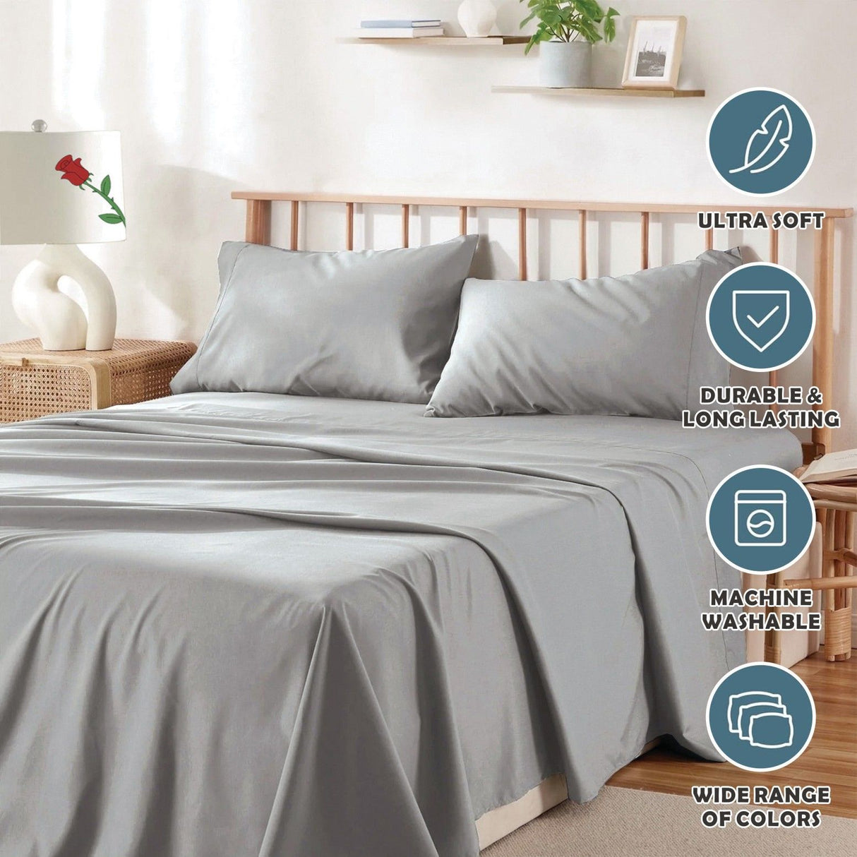 4 Piece Bed Sheet Set- Bedding Sheets & Pillowcases -Breathable Bedding - Wrinkle, Fade, Stain Resistant-Deep Pocket Flat Fitted Bed Sheet Set(Silver-gray,Queen)