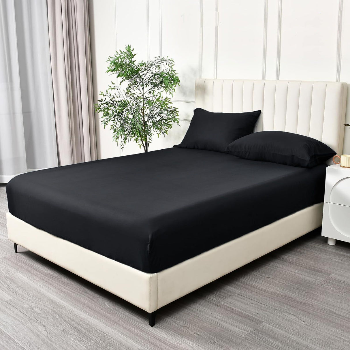 2 Piece Fitted Sheet Set- Fitted Sheet & Pillowcases -Breathable Bedding - Wrinkle, Fade, Stain Resistant- 40cm Deep Pocket Fitted Bed Sheet Set(Black,Single)